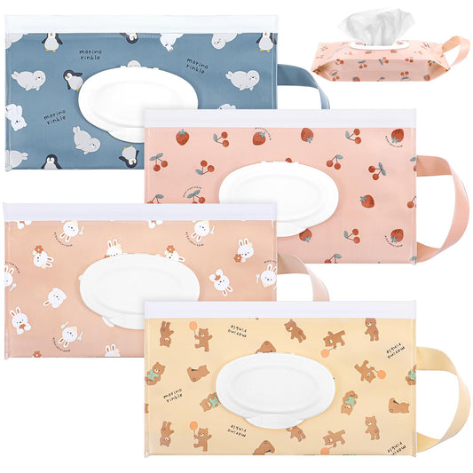 Yolev 4Pcs Travel Wipes Case 24cm *13.5cm Portable Wipes Dispenser with Locking Strip Sealing Strip Closure Reusable Wipes Pouch for Daily and Travel Wipes (Bear, Bunny, Penguin, Strawberry)