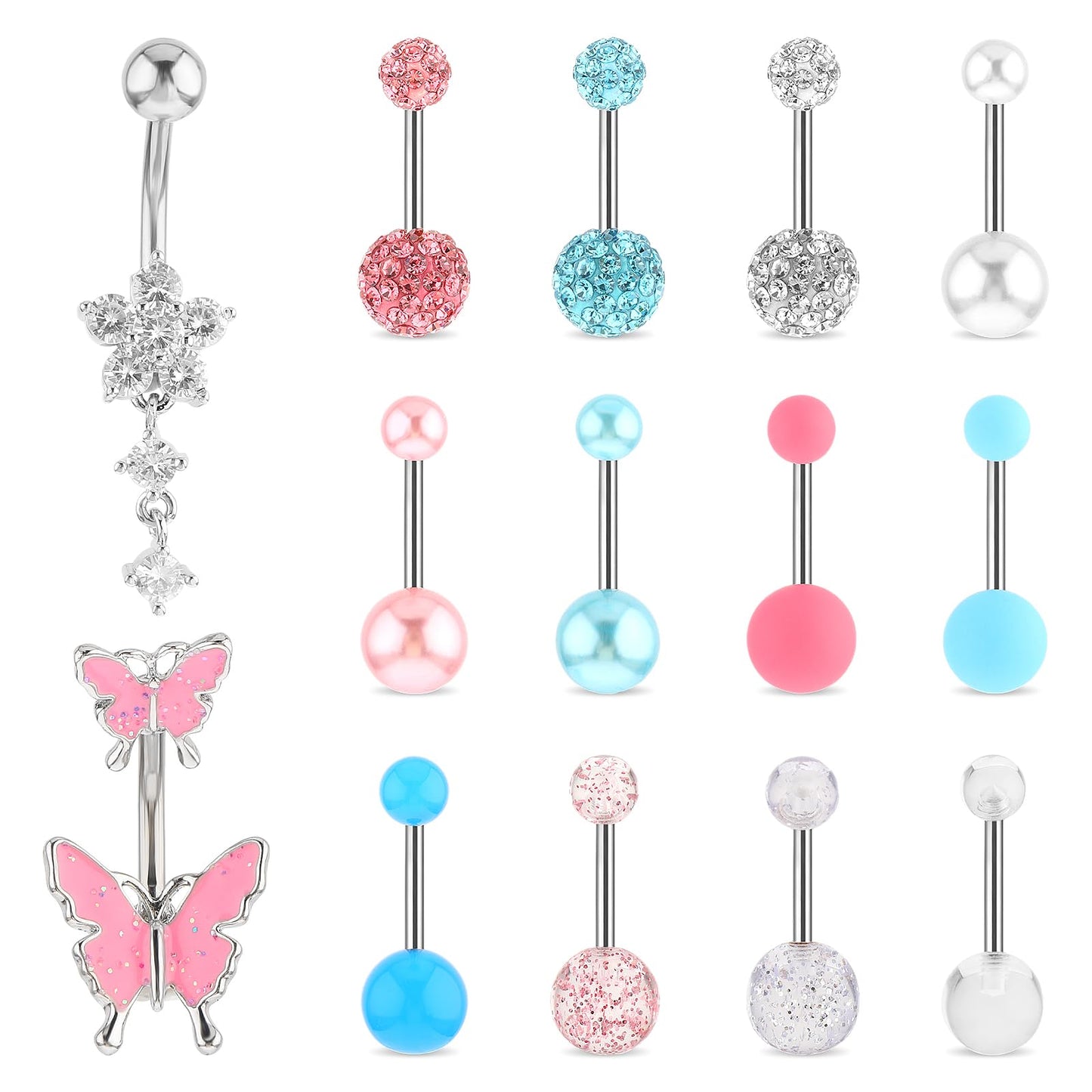 Yolev 15Pcs Belly Button Bars Ring Dangly Belly Button Bars Pink Belly Button Piercing Silver Stainless Steel Belly Jewellery for Women Men