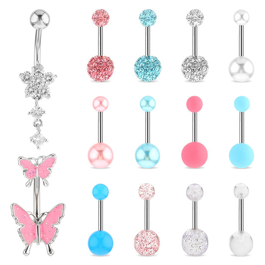 Yolev 15Pcs Belly Button Bars Ring Dangly Belly Button Bars Pink Belly Button Piercing Silver Stainless Steel Belly Jewellery for Women Men