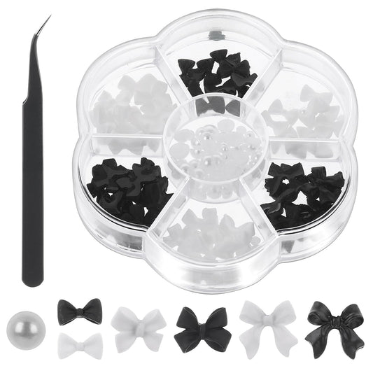 Bow Nail Charms Pearl Nail Art Rhinestones Black White Nail Charms Bows DIY Nail Decorations for Women Girls Nail Salon Craft Jewels Supplies