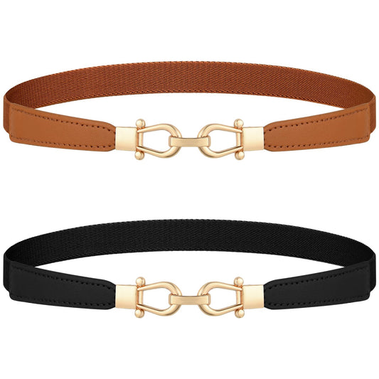 Black and Brown Skinny Elastic Belt for Dresses Womens Leather Thin Belts with Gold Buckle Retro Stretch Waist Belt Adjustable Plus Size Ladies Infinity Belts for Women's Fashion Dress Jeans Pants