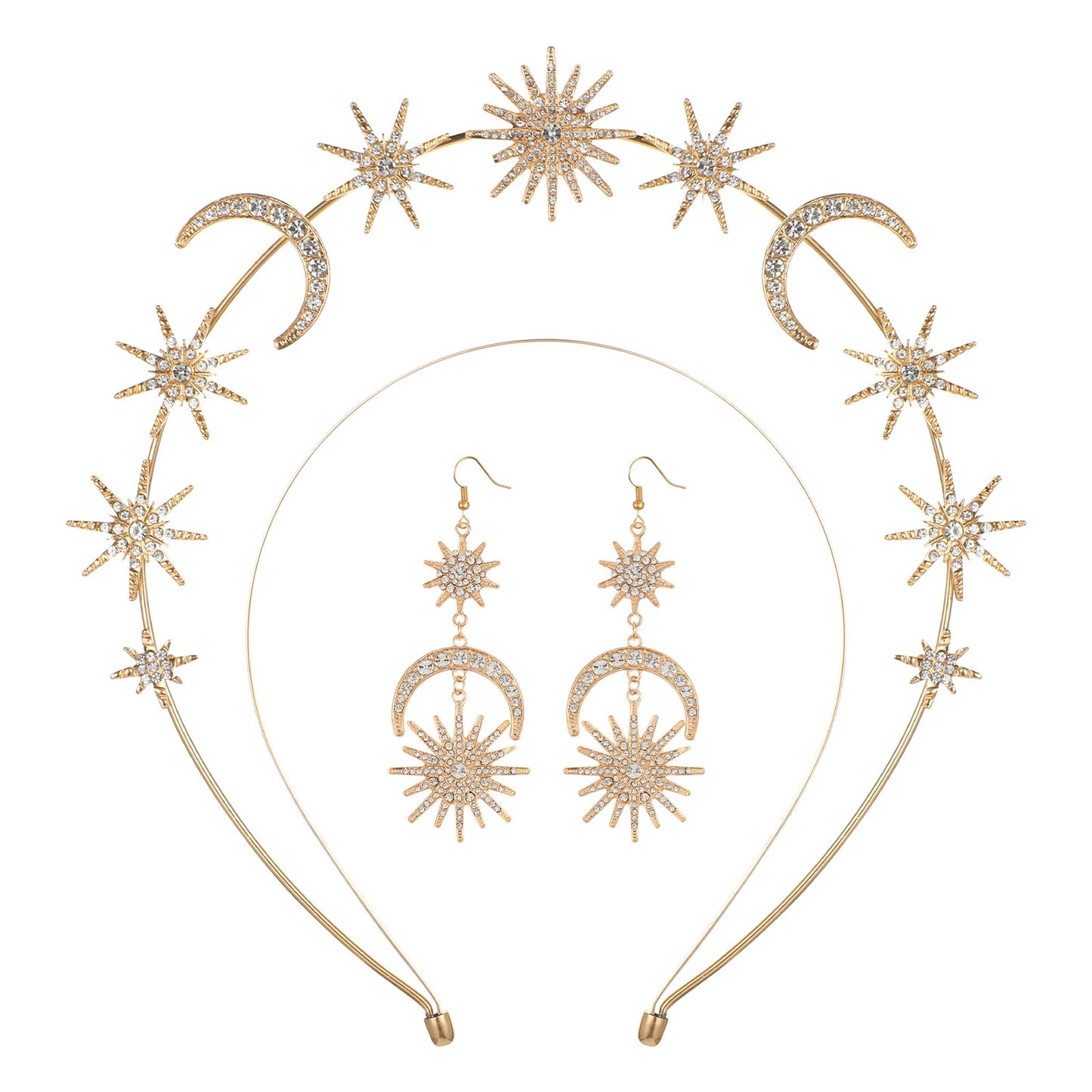 Gold Headband Double Layer Gold Hair Accessories Crystal Fairy Tale Headband Rhinestone Star with Earrings,Gold Headpiece Milky Way Goddess Headpiece for Halloween Party Cosplay