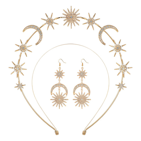 Gold Headband Double Layer Gold Hair Accessories Crystal Fairy Tale Headband Rhinestone Star with Earrings,Gold Headpiece Milky Way Goddess Headpiece for Halloween Party Cosplay