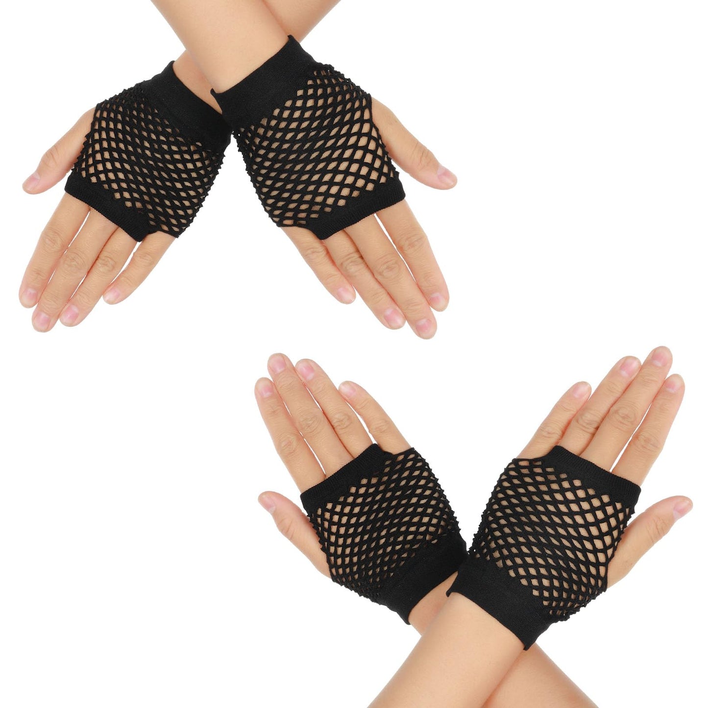Telooco 2Pairs Short Fingerless Fishnet Gloves Black Mesh Fingerless Gloves 80s Retro Fancy Dress Accessory for Women and Girls