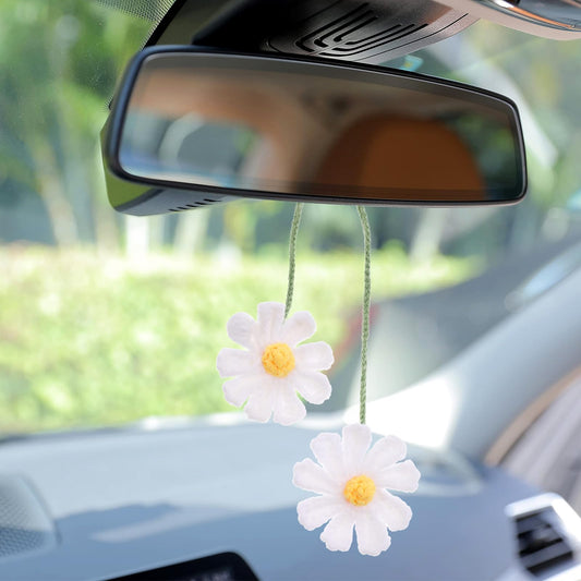 Car Accessories Interior, Cute Crochet Daisy Car Decorations, Cute Car Accessories, Mirror Hanging Accessories for Crochet Lovers(White)
