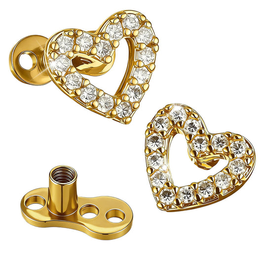 Josojoou 2Pcs Heart Dermal Jewelry Tops 14G Cubic Zirconia Dermal Piercing 316l Surgical Steel Fake Dermals Piercing Internally Threaded Studs for Women Men(Gold)