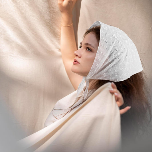 Lusofie Hair Bandanas for Women White Head Scarf Adjustable Eyelet Embroidered Head Kerchief Cute Head Scarf for Women's Hair