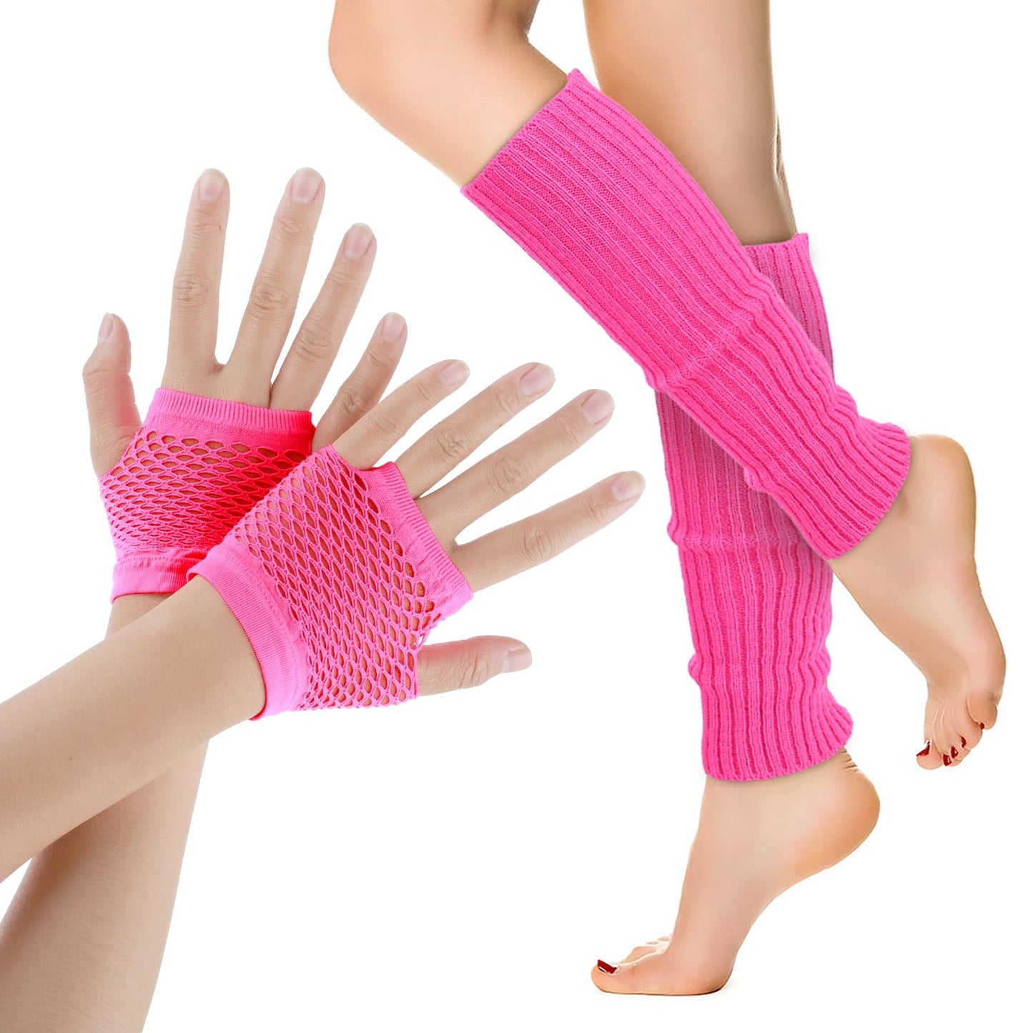 Neon Leg Warmers and Fishnet Gloves Set 80s Accessories for Women Stretchy Neon Clothes Femboy Clothing for Party Costume and Sports Yoga Supplies(rose red)