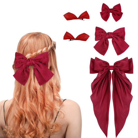 Yolev 5Pcs Red Hair Bow Silky Satin Bow Hair Clips Barrette Big Long Tail Bows for Hair Red Hair Bows for Women Girls