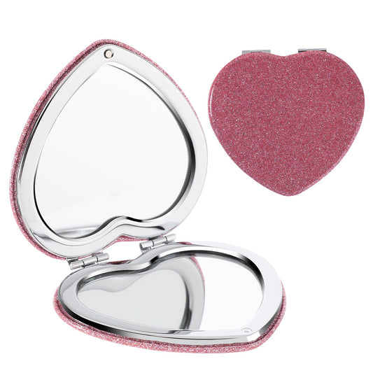 Telooco Small Mirror for Purse Heart Shaped Pocket Mirror Portable Compact Magnifying Mirror Double-Sided Cute Glitter Cosmetic Mirror for Women Girls(Silver)