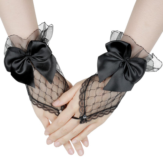 Black Lace Gloves Mesh Fingerless Gloves for Women Tea Party Bow Short Black Fingerless Gloves Lightweight Elegant Sheer for Bridal Wedding Prom Cosplay Funeral Masquerade Halloween