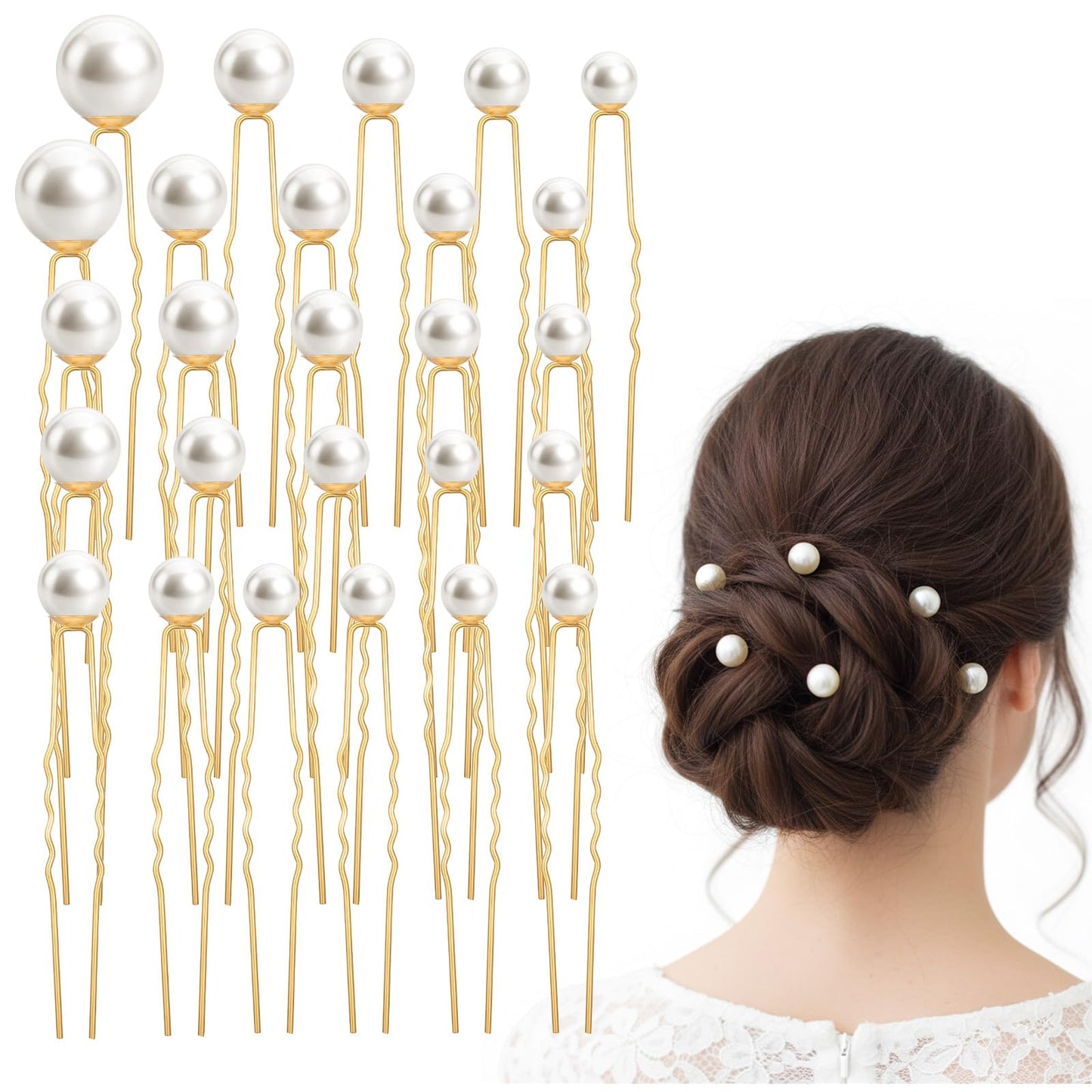 32 PCS Bridal Pearl Hair Pins,Pearl Wedding Hair Pins, Different Size Single Pearls Hair Pin, U-Shaped Hair Clips Set Accessories for Brides Bridesmaids(Gold)