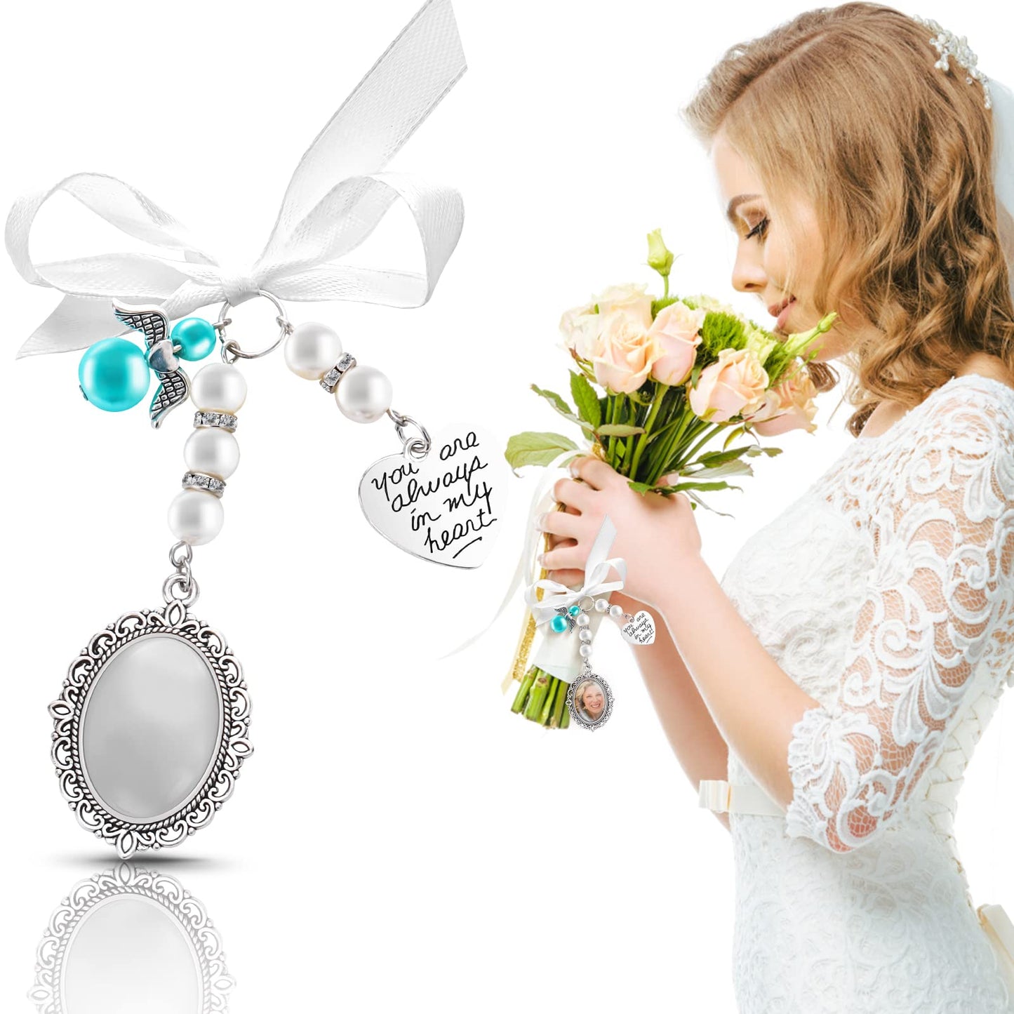 Lusofie 1Pcs Wedding Bouquet Photo Charms Bridal Lacy Oval Photo Charm Frame Bouquet Charms for Wedding Memory You are Always in My Heart Bouquet Charms for Bridal