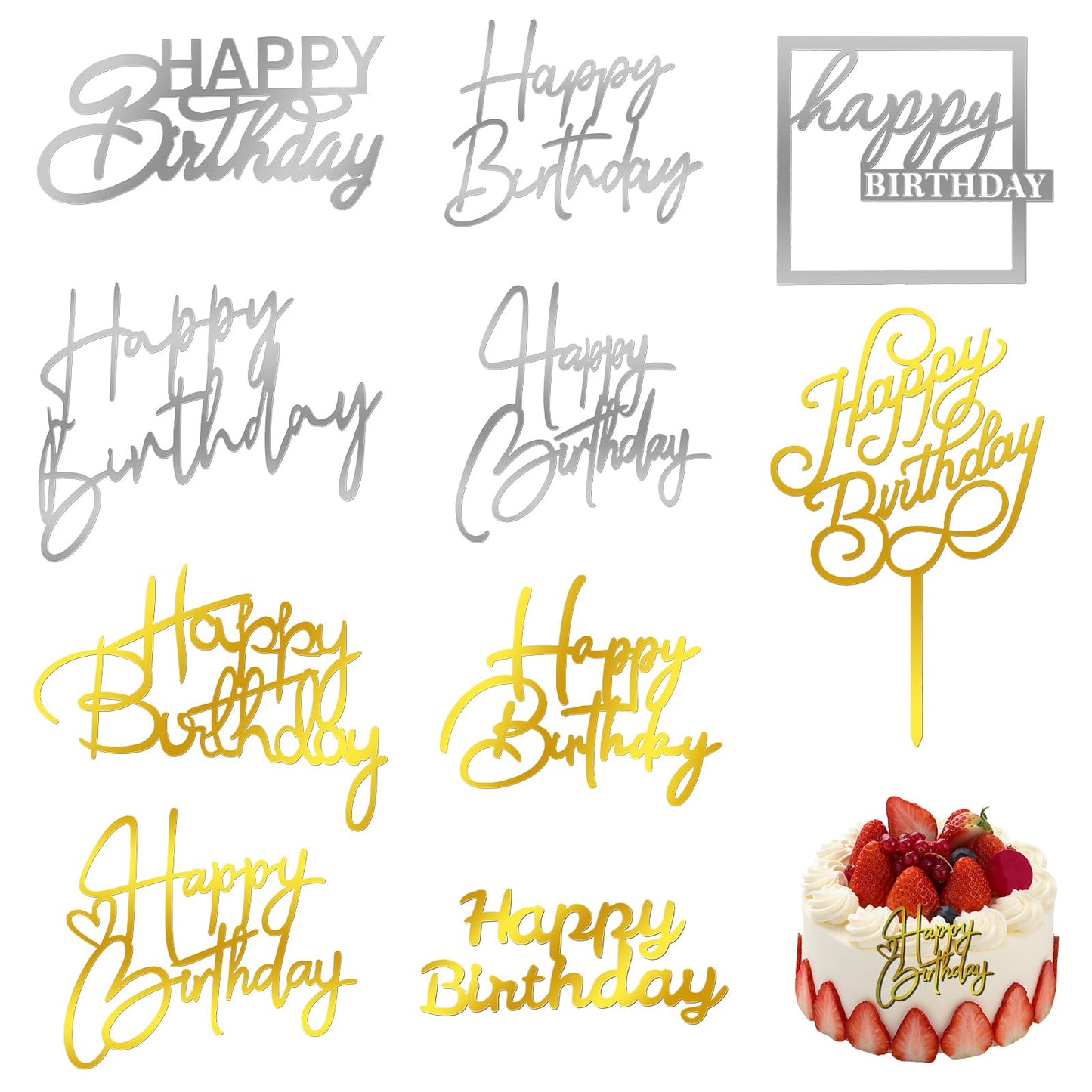 10 Pcs Happy Birthday Cake Toppers Acrylic Mirror Cake Decoration Silver And Gold Cake Topper Happy Birthday Sign For Party Anniversary Supplies