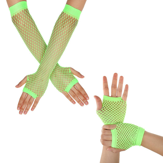 Lusofie Fishnet Gloves 2 Pairs Fingerless Long Black Gloves 80s Accessories Vintage Nylon Stretchy Black Gloves Costume for Disco Dance Parties Fancy Cosplay (Long+Short (Fluorescent green)
