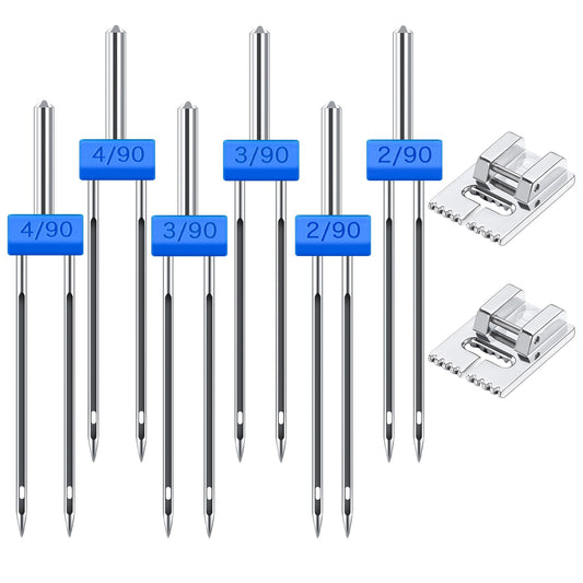 6pcs Twin Needles for Sewing Machine with 2pcs 9 Groove Pintuck Presser Foot,Double Needle Threader for Sewing Machine,3 Size Mixed 2.0/90, 3.0/90, 4.0/90