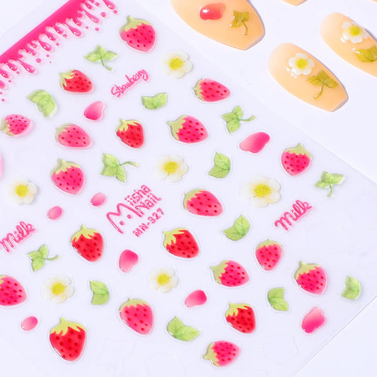 Lusofie Strawberry Nail Stickers 5D Relief Art Nail Decals Self-Adhesive Fruit Nail Stickers Strawberry Jelly Flowers and Leaves Sweet Sticker Nails for Summer Nail Decoration