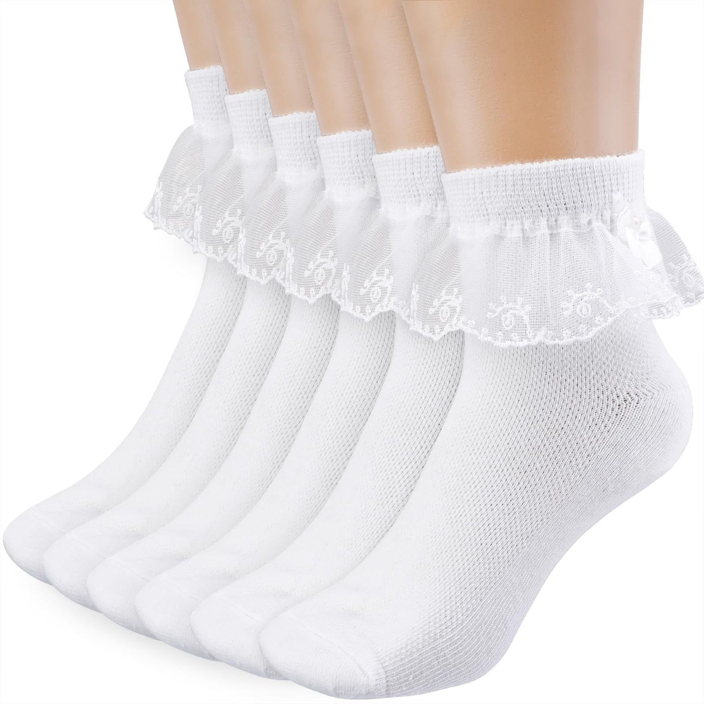Yolev 3 Pairs Cotton Girls White School Socks White Frilly Lace Top Bows Dance Shimmering Cute Ruffle Comfortable Frilly Fashion Socks