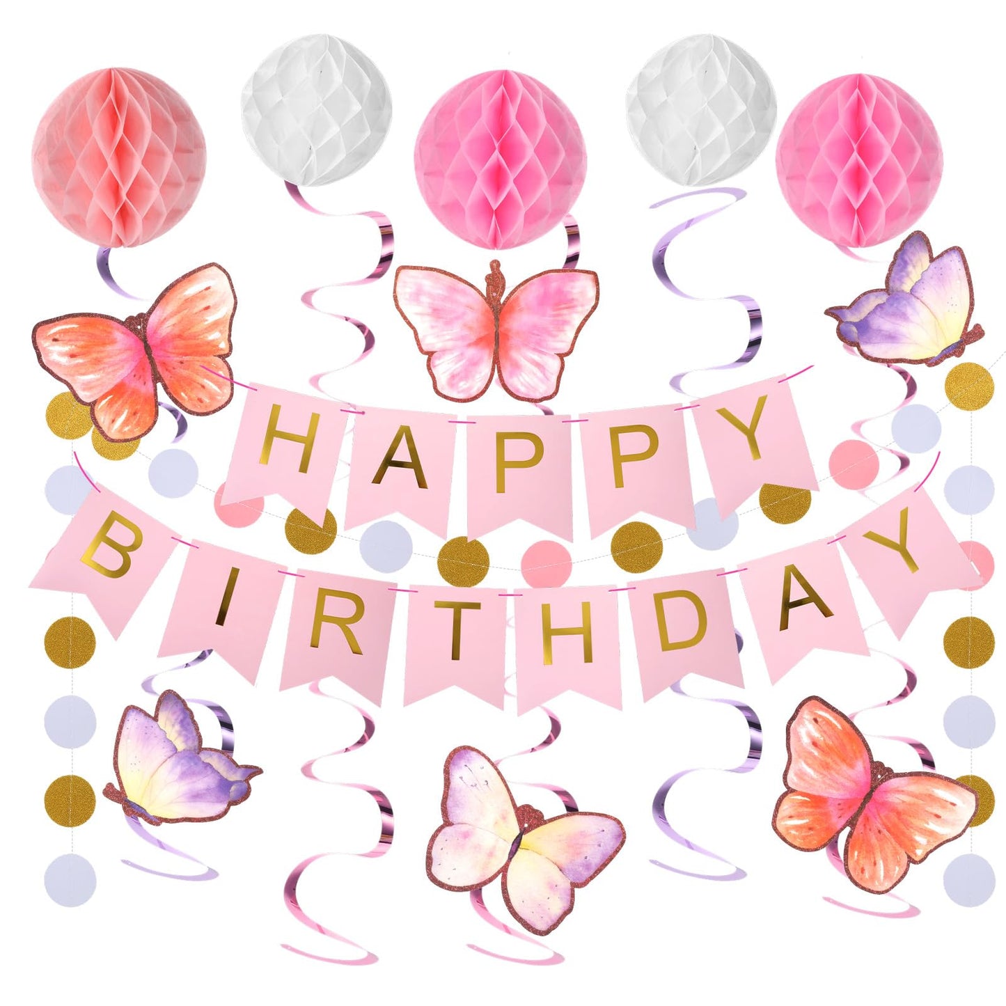 Pink Happy Birthday Banner Birthday Decorations For Girls Women With Honeycomb Balls Hanging Swirls Circle Dots Garland Happy Birthdays Party Decorations For Women Men Boys Girls Pink