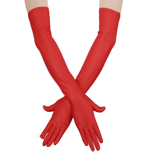 Yolev Women's Long Satin Finger Gloves Opera Bridal Dance Gloves Party Red Stretchy Gloves Adult Size Total Length 20.47 In (red)