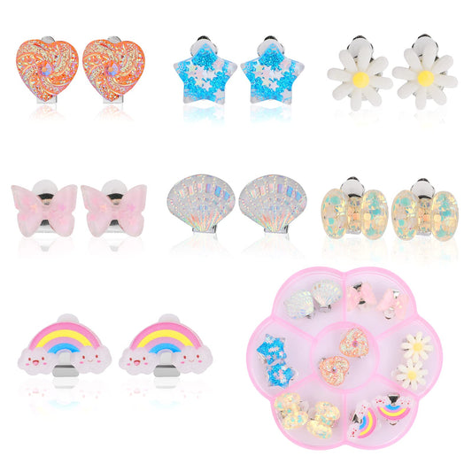 Yolev 7Pairs Clip On Earrings for Girls Dress Up Earrings and Princess Play Earrings Set for Kids No Pierced Design Girls Jewelry Accessories with a Box for Party Favors Birthdays Day