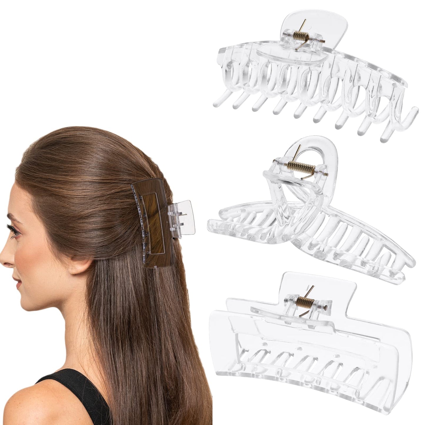Lusofie 3Pcs Clear Claw Clip Plastic Large Claw Clips for Thick Hair Strong Holding Teeth Interlocking Banana Hair Clips Jumbo Jaw Clips for Women Girls