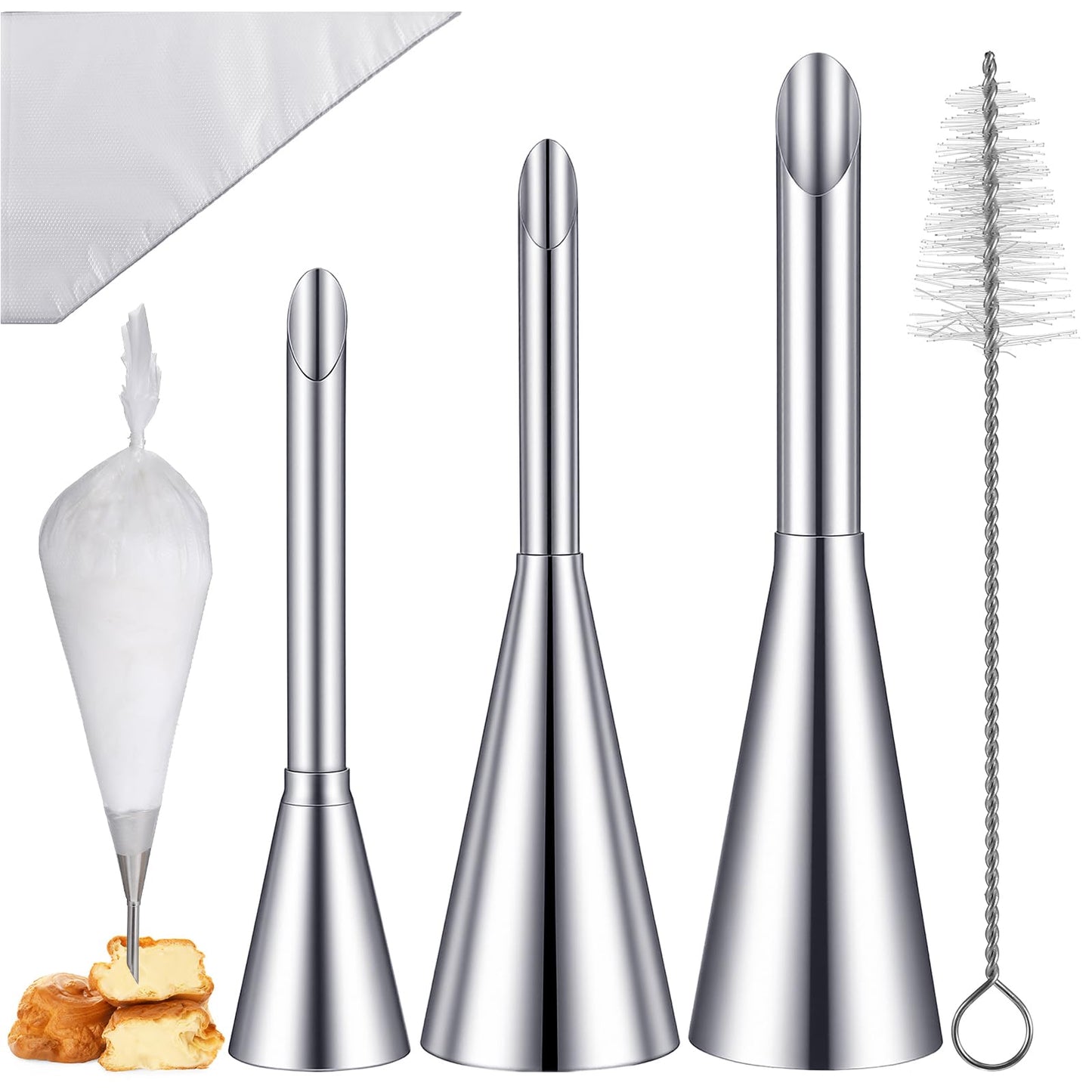 3 Pcs Stainless Steel Cream Filling Piping Nozzle Tips Kit, 50 Disposable Piping Bags, Cleaning Brush, For Donuts, Cupcakes, Eclairs, Desserts