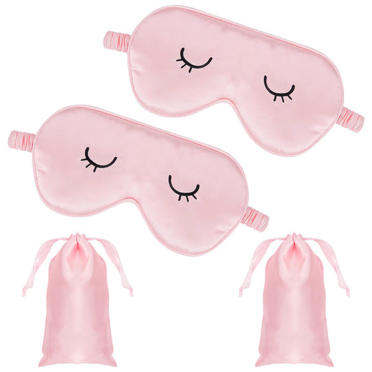 Lusofie 2Pcs Cute Sleep Mask for Kids Silk Sleep Mask Adjustable Adult Coulpe Eye Sleeping Mask Blindfold Eye Covers with Storage Bag for 15+ Girls Boys Adult(Pink)