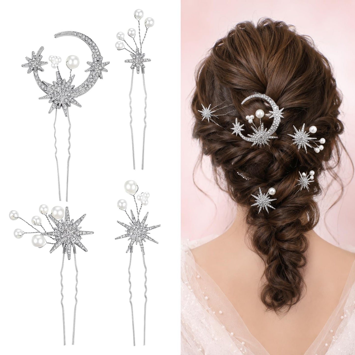 4PCS Star Moon Hair Clip for Women, Sparkling Rhinestone Pearl