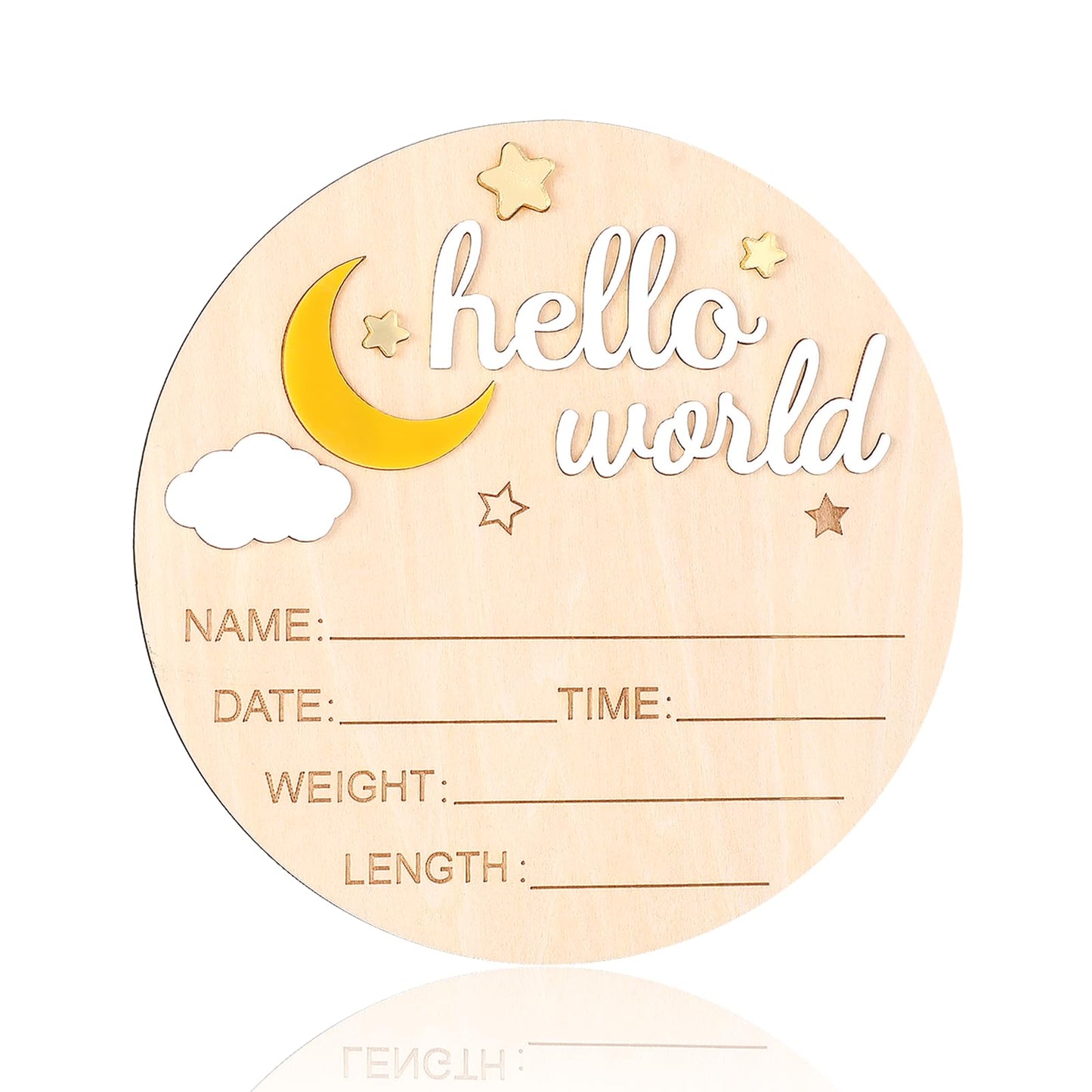 Lusofie Baby Announcement Sign, Wooden Moon and Stars Welcome Baby Sign, Birth Announcement Signs "Hello World" Baby Name Plaque with 3D Pattern and Text For Hospital Home Decoration