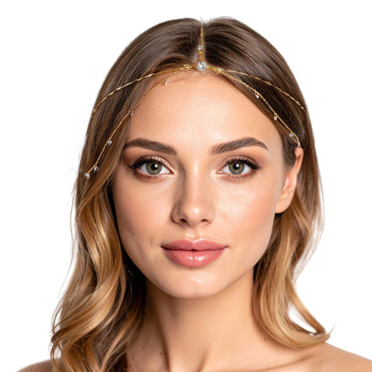 Gold Rhinestone Head Chain, Layered Bridal Headpiece, Wedding Hair Accessories, Bohemian Crystal Head Jewelry for Women