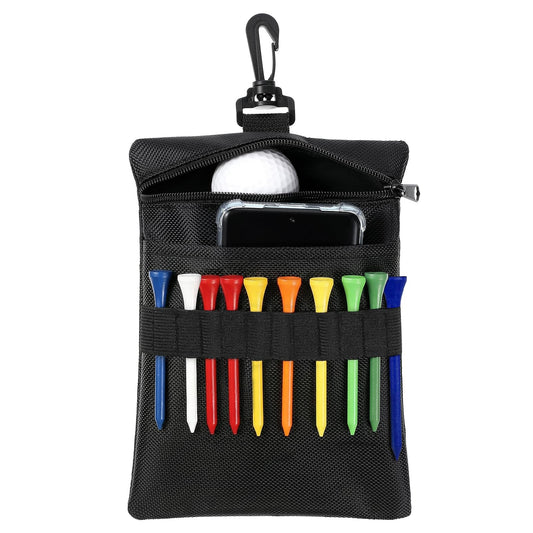 Fiyooau Golf Tee Bag, Multi Pocket Golf Tee Ball Pouch with Lobster Claw Clip Golf Bag Accessories Valuables Pouch Bags for Men Women (Black)