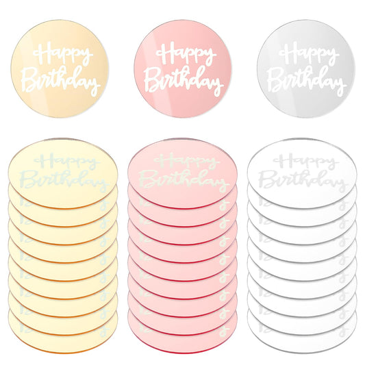 Lusofie 30 Pcs Happy Birthday Cake Toppers Reusable Mirrored Acrylic Cake Decorations Diameter 1.96 Inch Three Colors round Custom Cupcake Toppers (Gold, Pink, Silver)