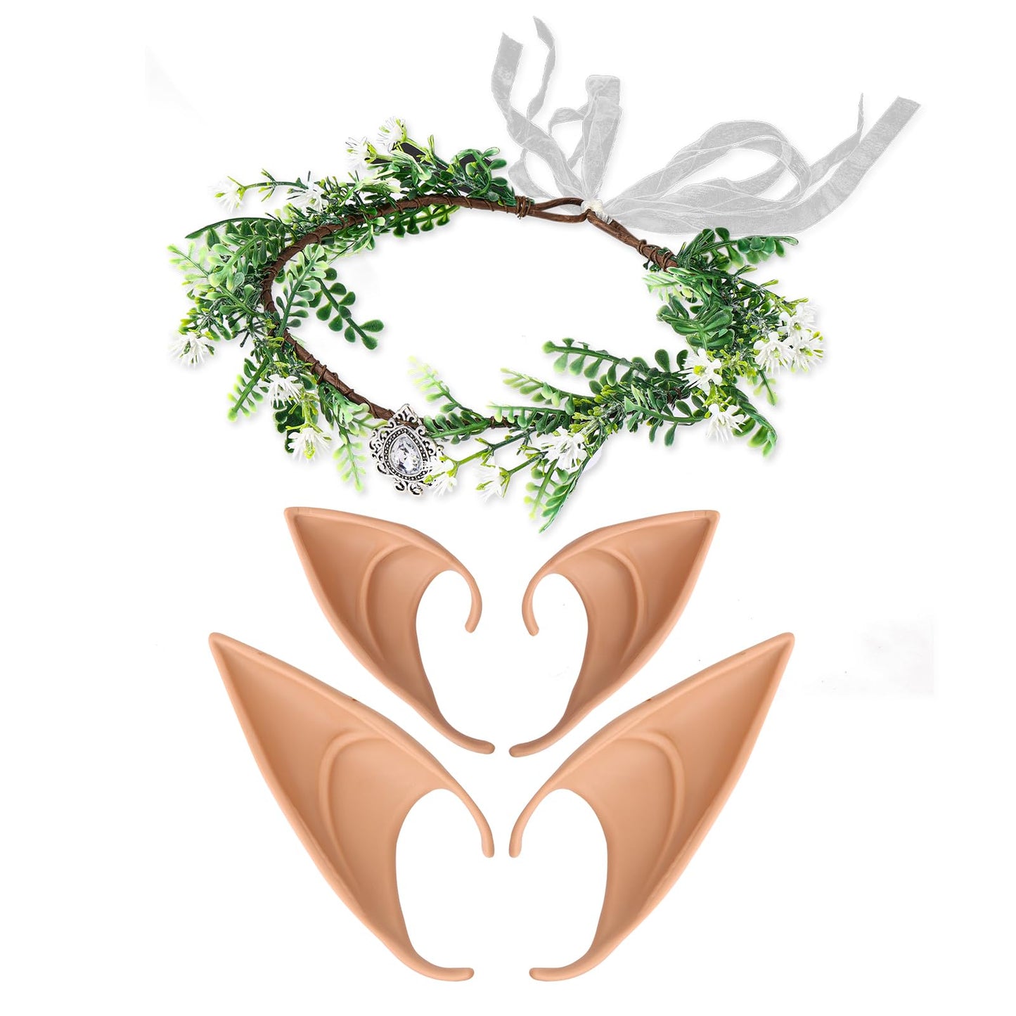 Yolev 2 Pairs Elf Ears with Elf Crown Headpiece Cosplay Fairy Pixie Elf Ears Moon Head Chain Vintage Crystal Headpieces Medium and Long Style Cosplay Fairy Pixie Elf Ears Soft