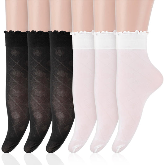 6 Pairs Women's Sheer Ruffle Socks Womens Thin Socks Summer Ultra Thin Socks(White,Black)