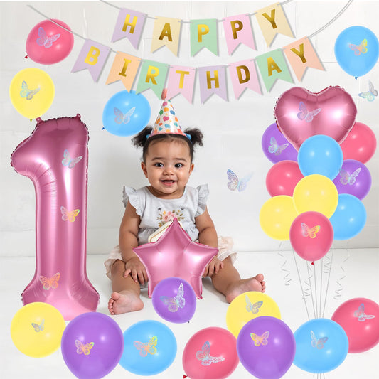 Baby Girl 1st Birthday Decorations Kit - Pink Gold Macaron Theme with Number 1 Balloon, Happy Birthday Banner, Butterflies, Hearts & Stars | Complete Party Set for Backdrop, Photo Booth, Centerpiece
