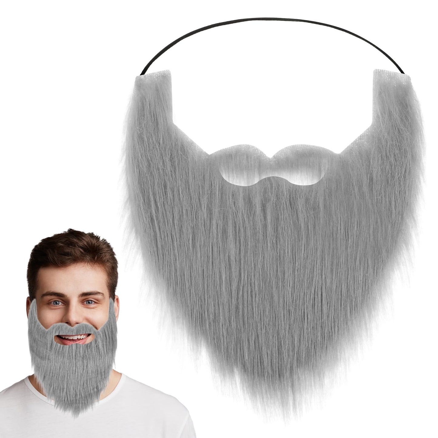 Yolev Fake Beard Party Fake Moustache Grey False Beards and Moustaches Adult Fake Facial Hair Funny Disguise Realistic Beard for Costume Halloween Christmas Cosplay Party Supplies