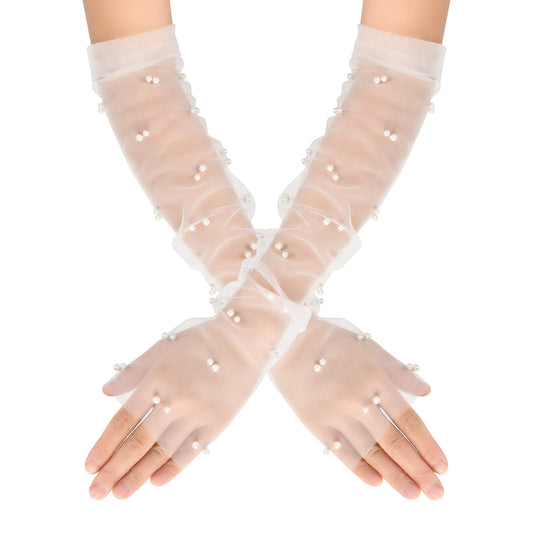 Lusofie White Tulle Gloves Fingerless Sheer Gloves with Pearls Sheer Long Gloves Bridal Gloves for Women Wedding Tea Party Hallowmas Cosplay Accessory