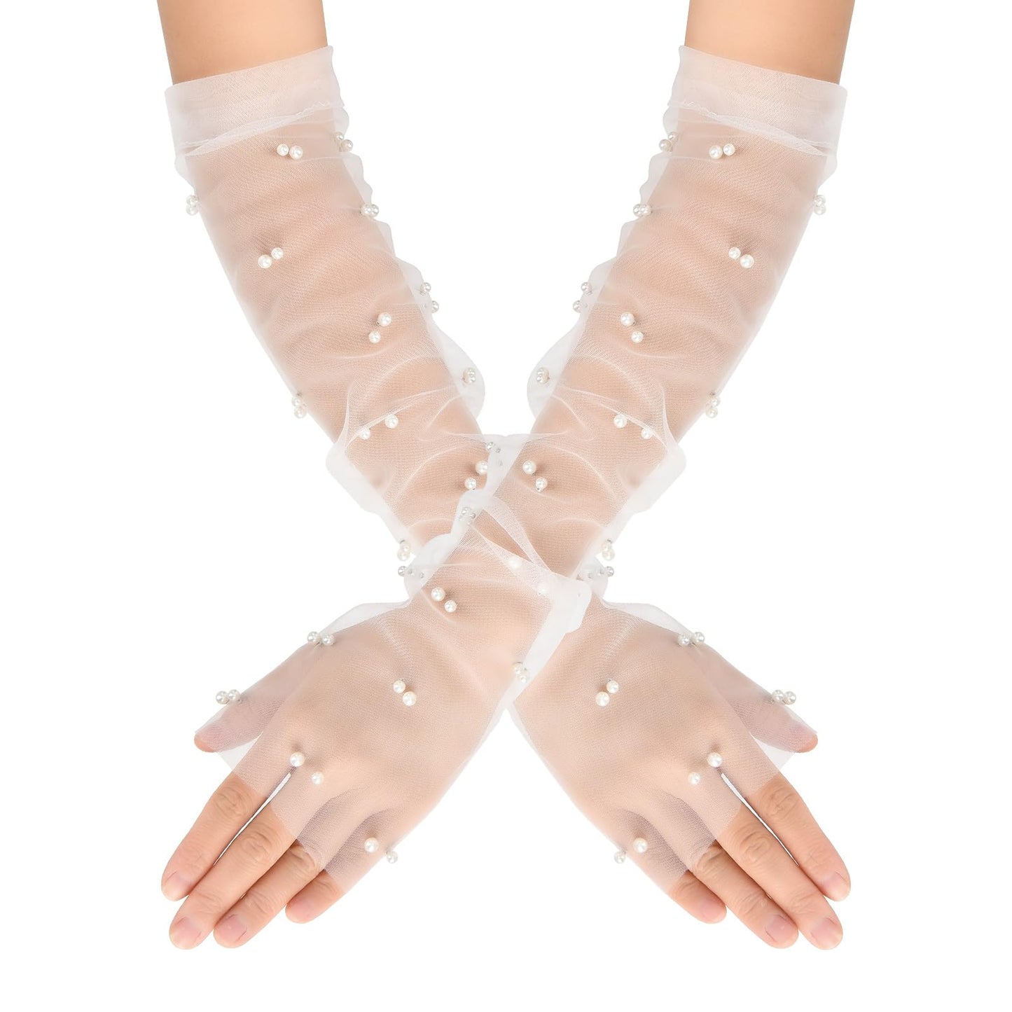 Lusofie White Tulle Gloves Fingerless Sheer Gloves with Pearls Sheer Long Gloves Bridal Gloves for Women Wedding Tea Party Hallowmas Cosplay Accessory