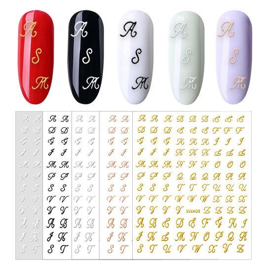 10 Sheets Letters Nail Stickers Calligraphy Nail Art Metal Style Self-Adhesive Vintage Nail Art Stickers Retro 3D Nail Stickers for Nail Art Decoration Nail Accessories