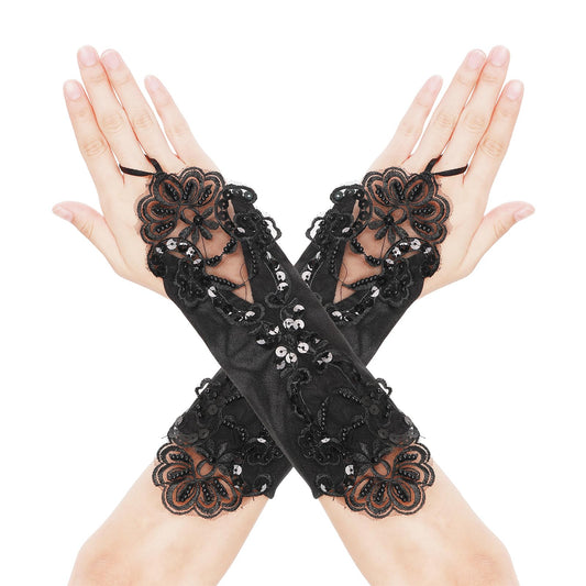 Lusofie Elegant Fingerless Gloves for Women Gothic Floral Lace Gloves 1920s Accessories for Women Steampunk Wristband Vintage Handmade Opera Gloves