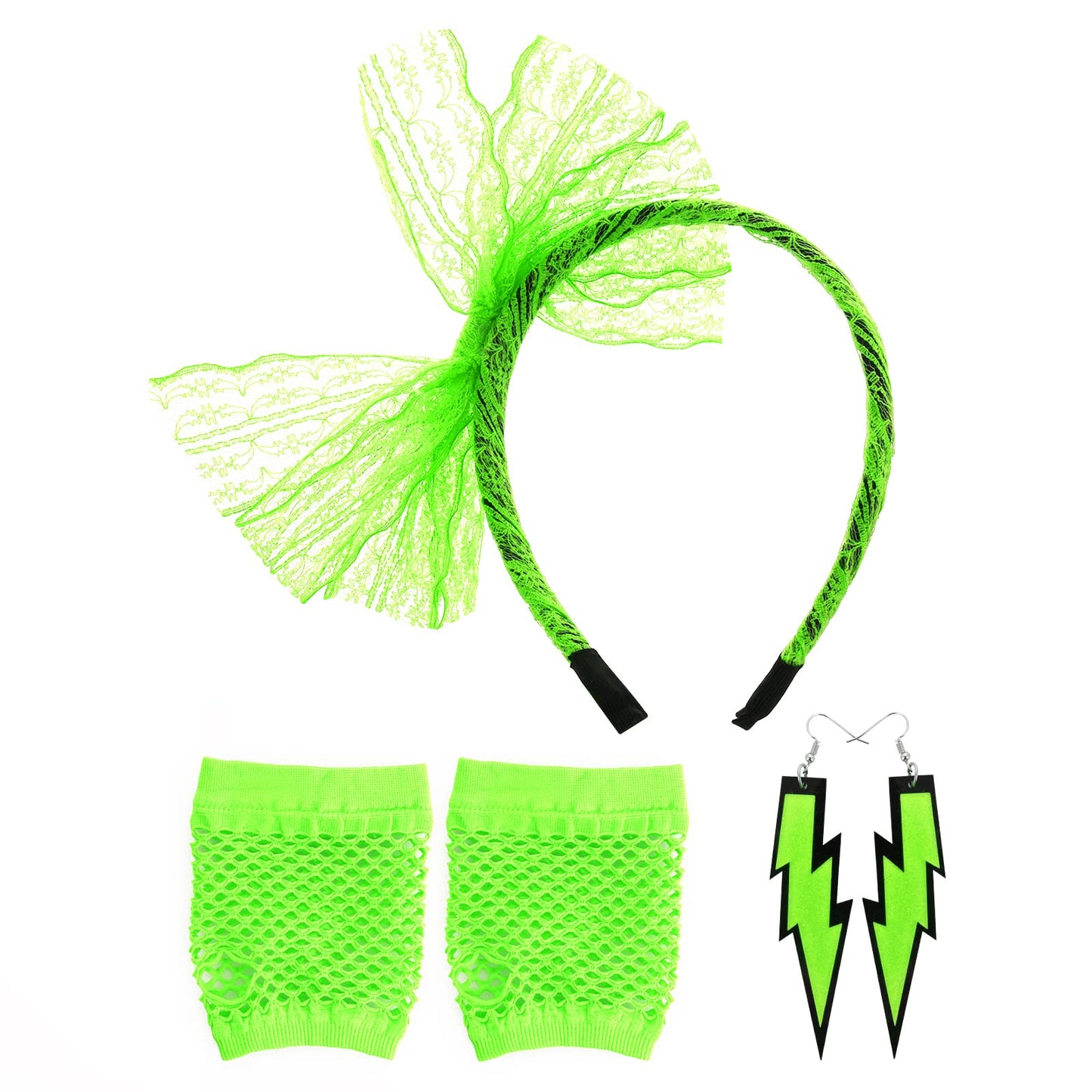 Yolev Women's 80's Retro Neon Costume Set Lace Headband Neon Earrings Fingerless Fishnet Gloves for 80's Party Costume Supplies?Fluorescent green?