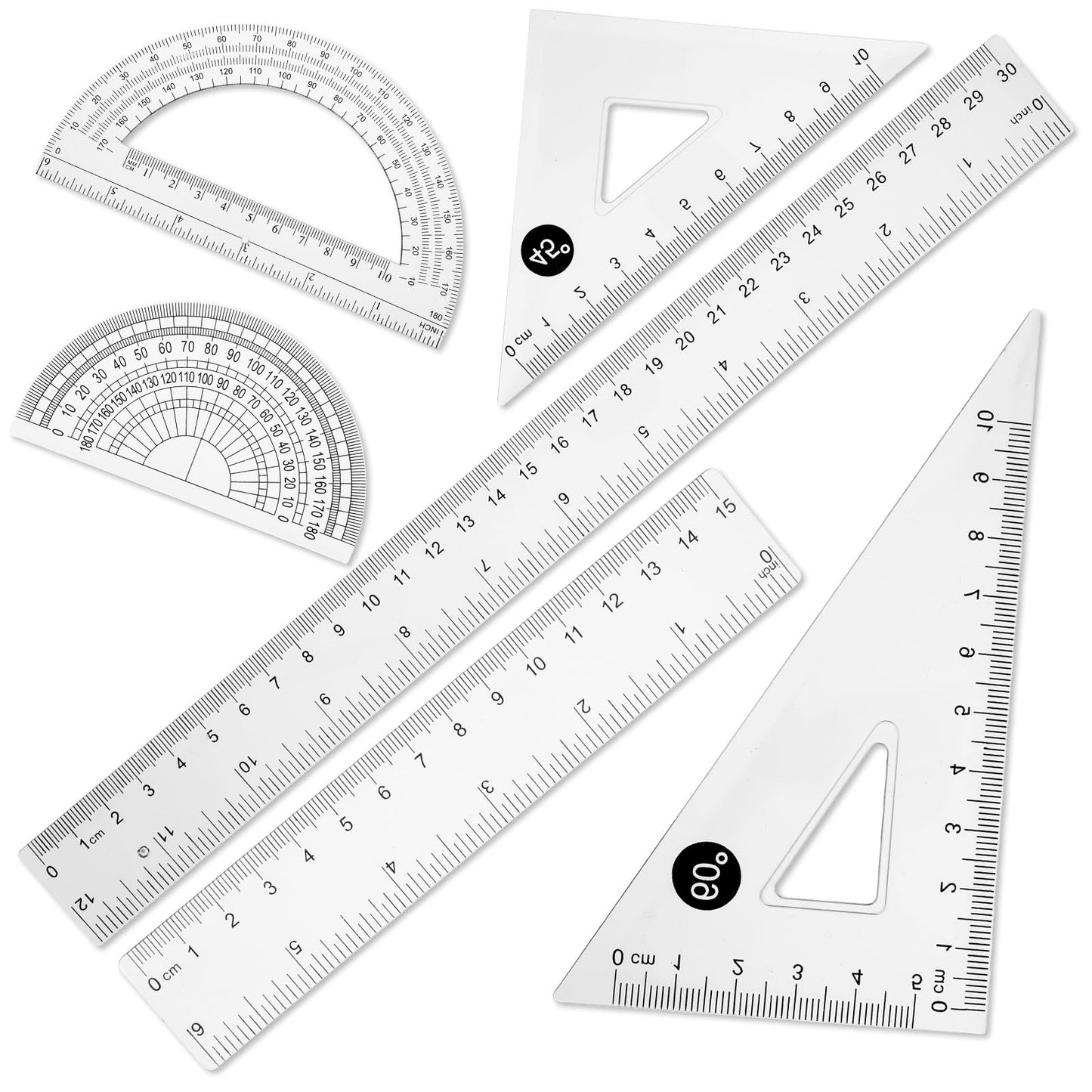 6 pcs Clear Ruler Set Plastic Rulers Bulk for Classroom 30cm Ruler and 15cm Straight Edge Ruler 2 Triangle Ruler 2 Protractor for Drawing Mathematics School