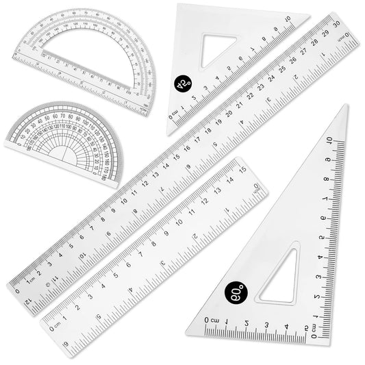 6 pcs Clear Ruler Set Plastic Rulers Bulk for Classroom 30cm Ruler and 15cm Straight Edge Ruler 2 Triangle Ruler 2 Protractor for Drawing Mathematics School