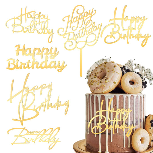 6 Pcs Gold Happy Birthday Cake Toppers Side Mirror Acrylic Cake Topper Happy Birthday Cake Sign Decorations Gold Cake Inserts Cake Decor Supplies Golden Cupcake Toppers for Birthday Party Cake Dessert