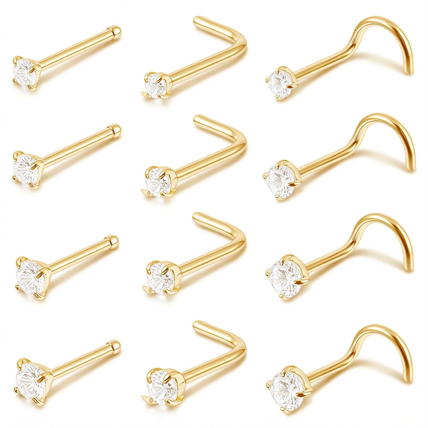 Tucnoeu 12 Pcs Surgical Steel Nose Studs Set, 20G 0.8mm, Gold And Silver, Cubic Zirconia, Straight S L Shape, For Women Men, Piercing Jewelry Gift