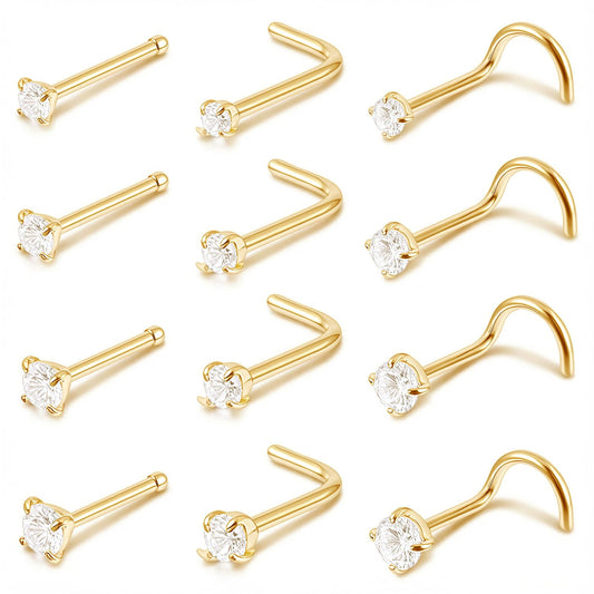Tucnoeu 12 Pcs Surgical Steel Nose Studs Set, 20G 0.8mm, Gold And Silver, Cubic Zirconia, Straight S L Shape, For Women Men, Piercing Jewelry Gift