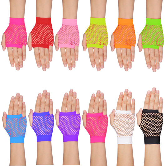 Lusofie 12 Pairs Fishnet Gloves Fingerless Short Neon Gloves Assorted Colors for 80s Accessories Neon Party Accessories Fancy Dress