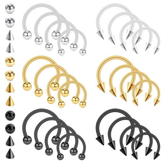 Yolev 24pcs 16G 14G Variety of Sizes Horseshoe Rings Surgical Steel Nose Septum Horseshoe Hoop Earring Eyebrow Tragus Rings Piercing Jewelry for Women Men 6-12mm Smily Piercing Jewelry