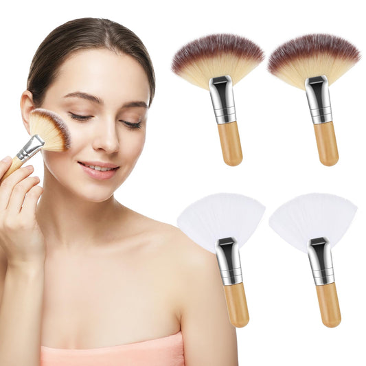 Fan Brush Set for Makeup, 4 PCS Soft Synthetic Bristle Facial Brush - Professional Fluffy Fan Brushes for Highlighting, Blush, Powder & Contouring, Gift for Women Girls（Short Handle）